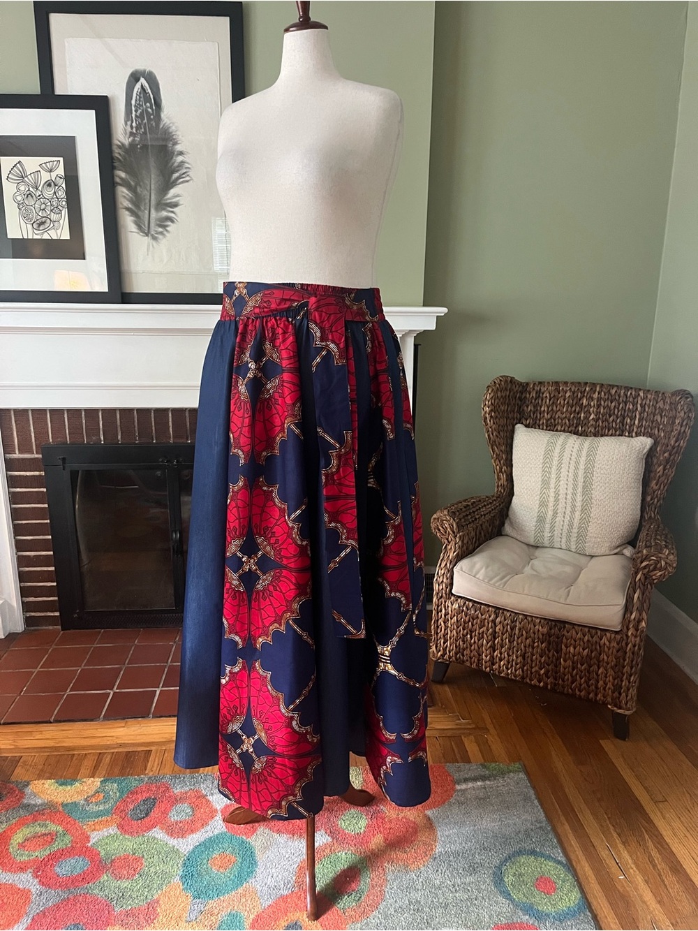 NWOT African Wax Print Cotton Maxi Skirt with Pockets Navy Red Free Size